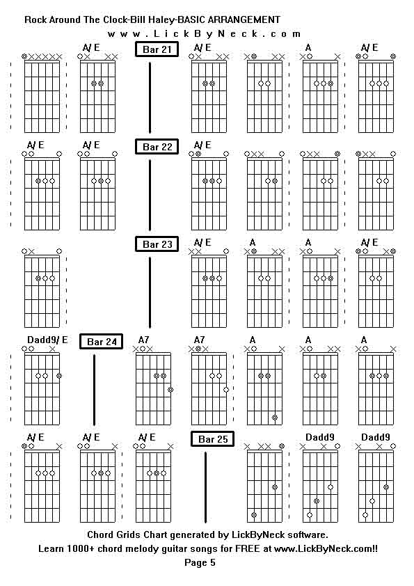 Chord Grids Chart of chord melody fingerstyle guitar song-Rock Around The Clock-Bill Haley-BASIC ARRANGEMENT,generated by LickByNeck software.